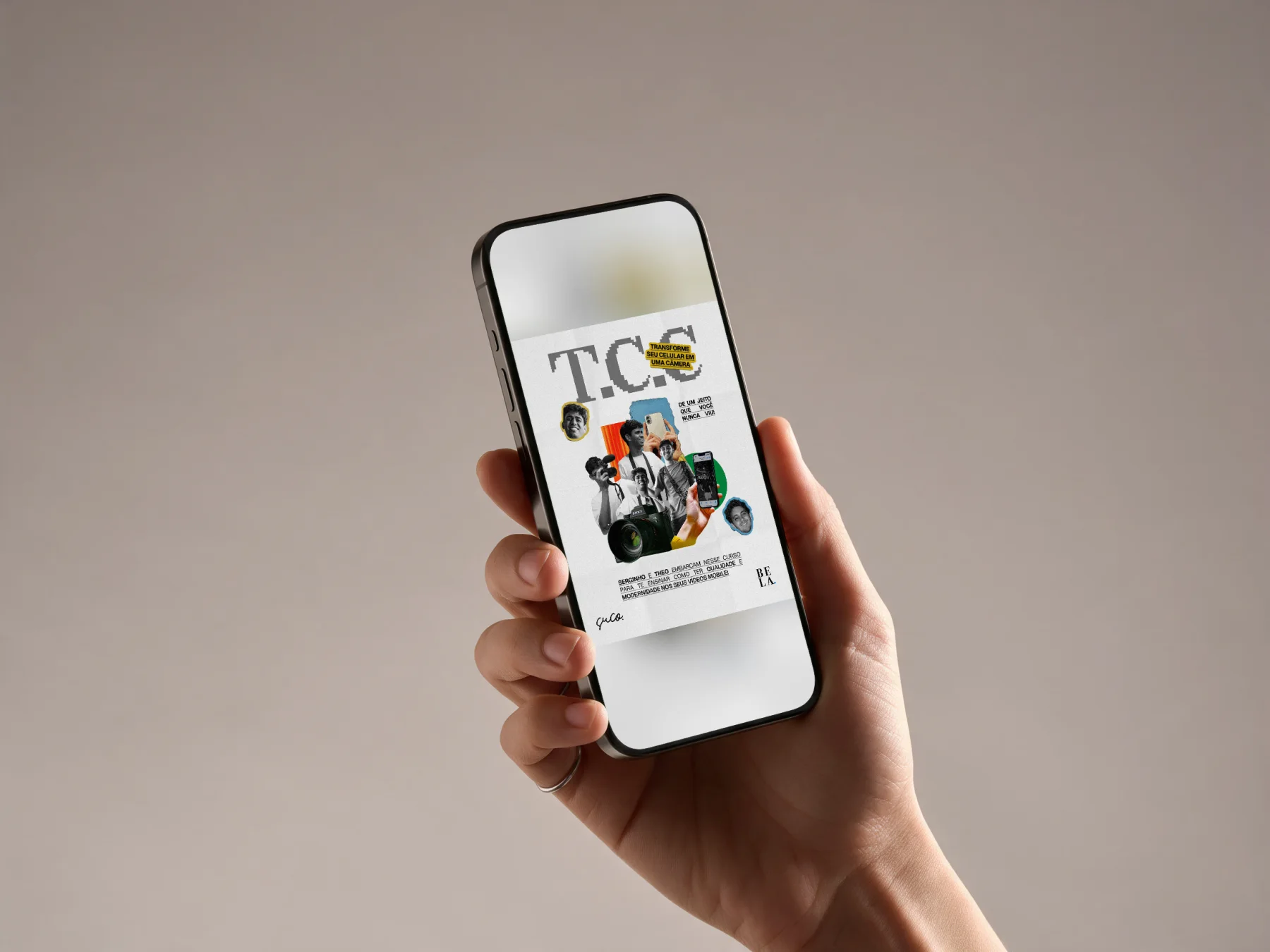 Mockup: hand holding a phone with the T.C.C card