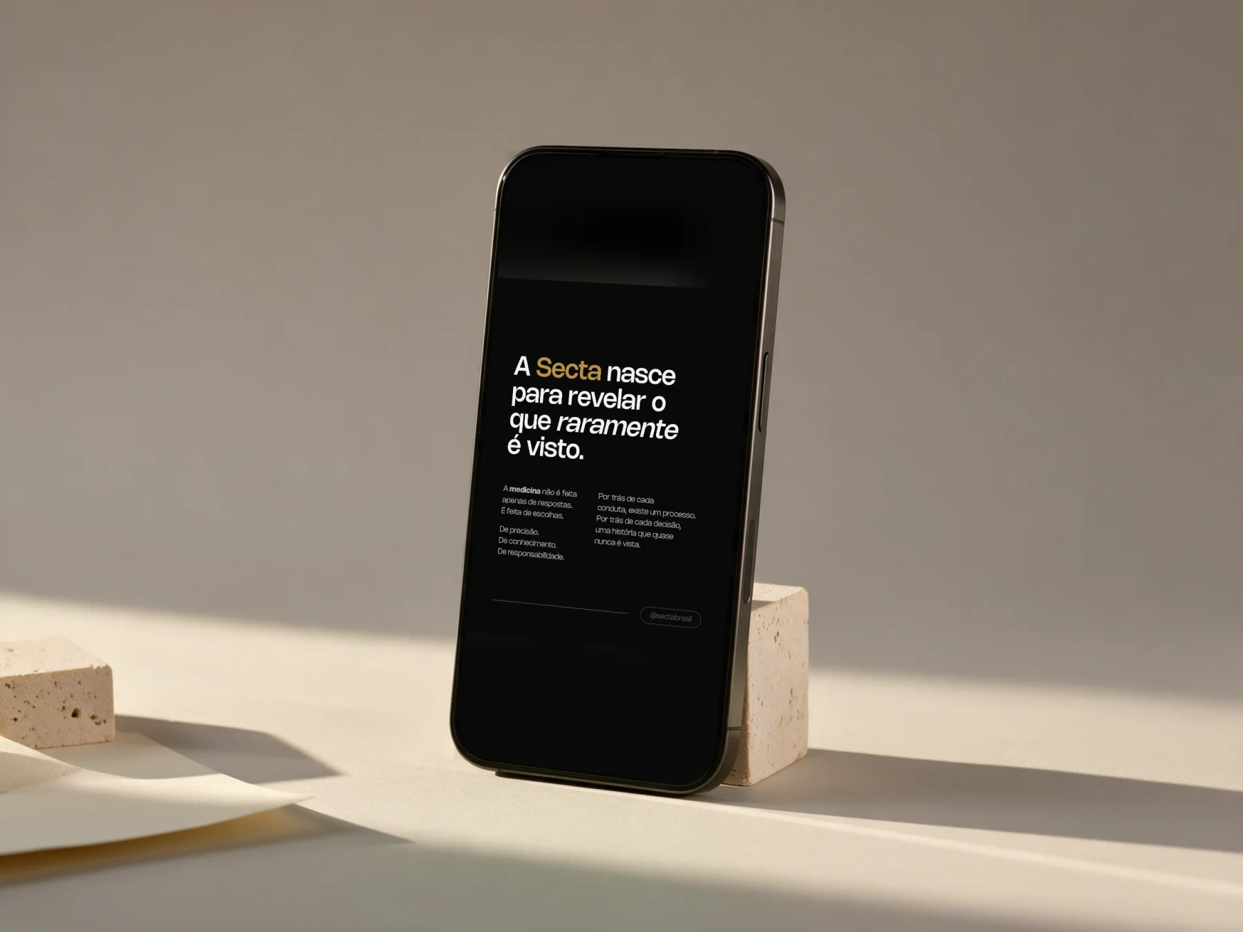 Mockup: phone resting on a stone with the manifesto card